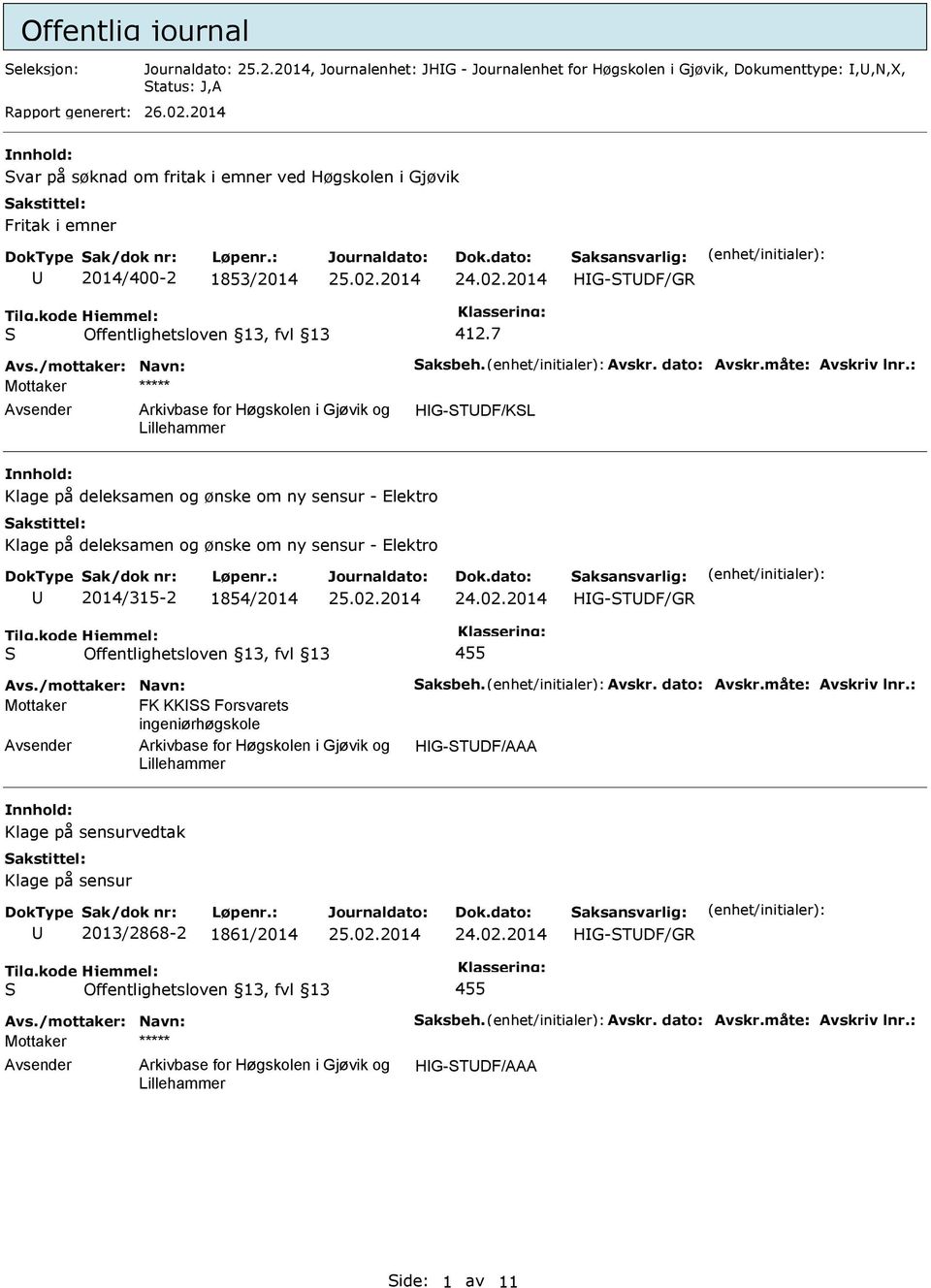 : Mottaker ***** HG-TDF/KL Klage på deleksamen og ønske om ny sensur - Elektro Klage på deleksamen og ønske om ny sensur - Elektro 2014/315-2 1854/2014 24.02.2014 455 Avs./mottaker: Navn: aksbeh.