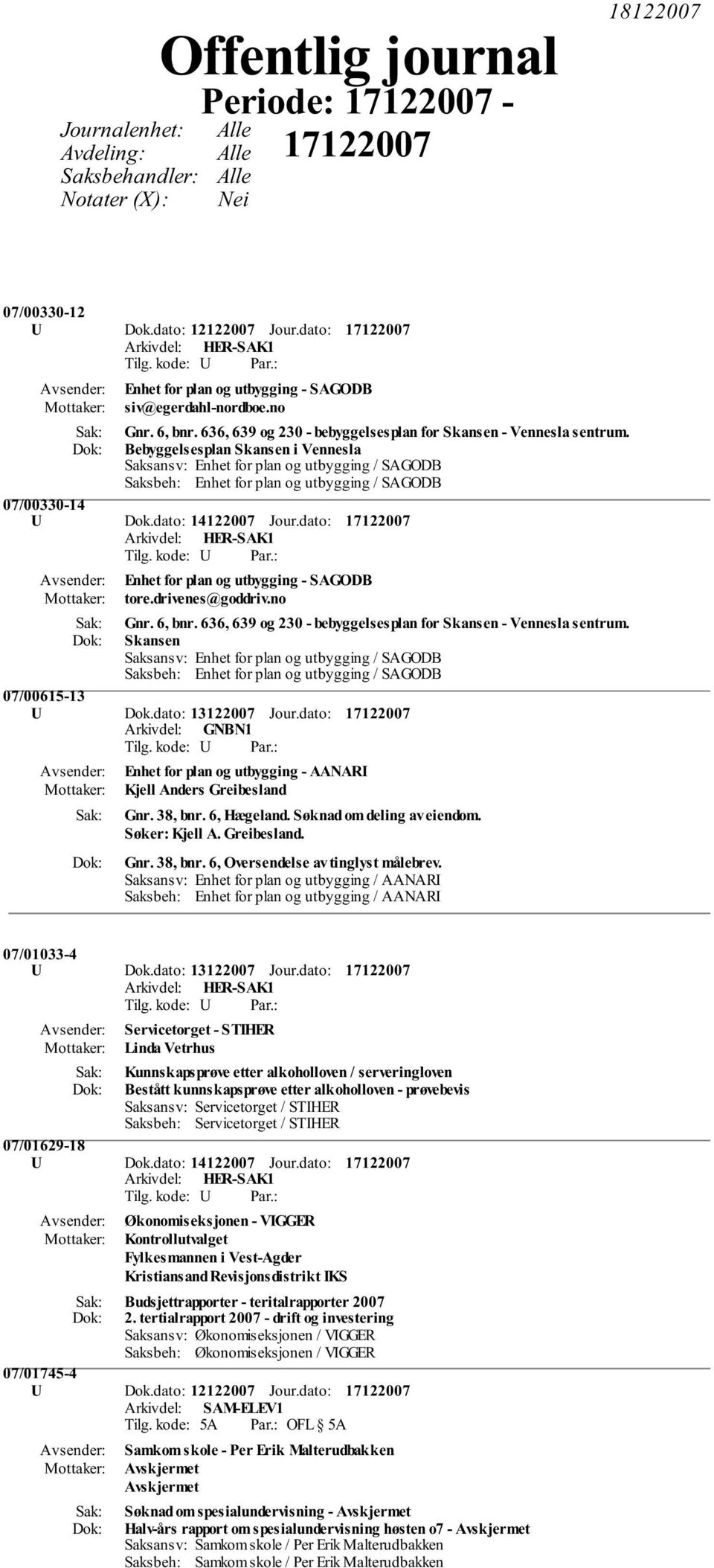 Bebyggelsesplan Skansen i Vennesla Saksansv: Enhet for plan og utbygging / SAGODB Saksbeh: Enhet for plan og utbygging / SAGODB 07/00330-14 U Dok.dato: 14122007 Jour.