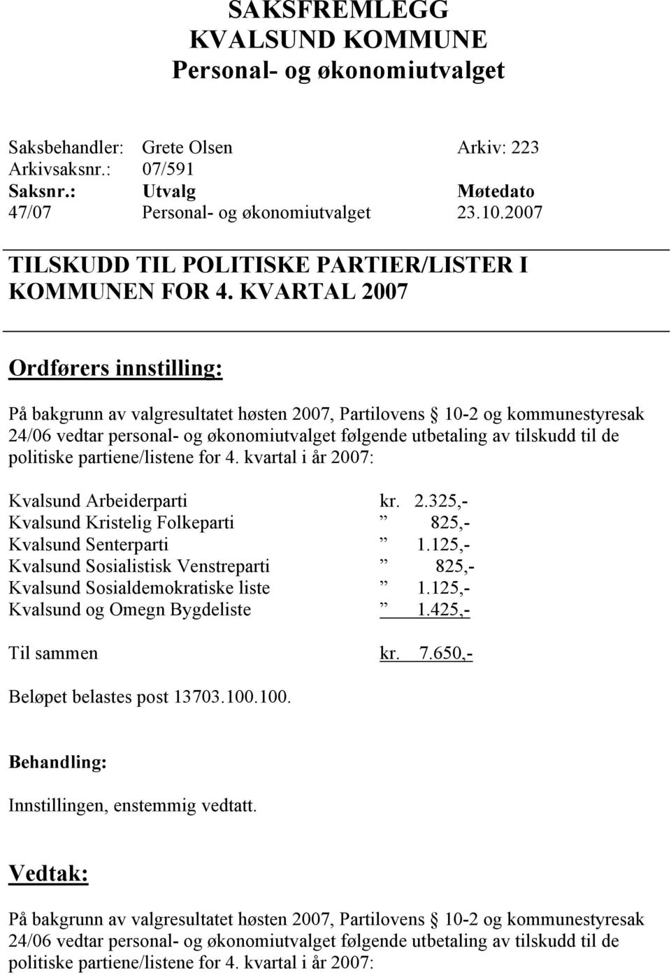 for 4. kvartal i år 2007: Kvalsund Arbeiderparti kr. 2.325,- Kvalsund Kristelig Folkeparti 825,- Kvalsund Senterparti 1.