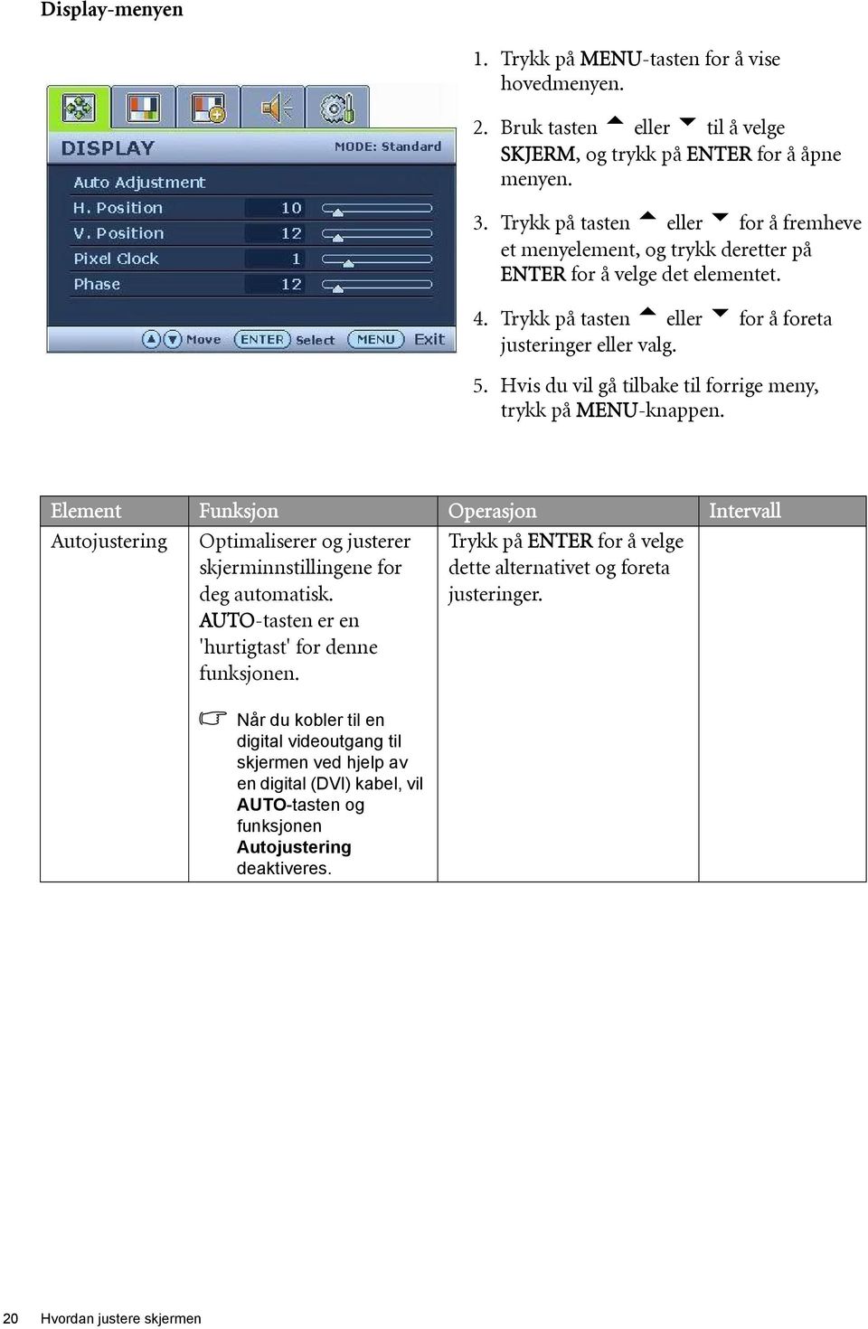 Hvis du vil gå tilbake til forrige meny, trykk på MENU-knappen. Element Funksjon Operasjon Intervall Autojustering Optimaliserer og justerer skjerminnstillingene for deg automatisk.