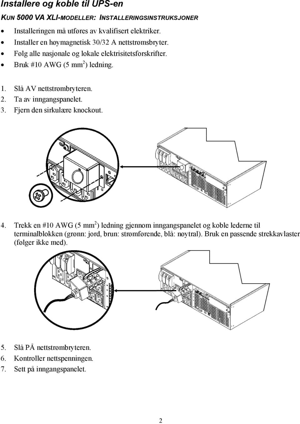 Slå AV nettstrømbryteren. 2. Ta av inngangspanelet. 3. Fjern den sirkulære knockout. 4.