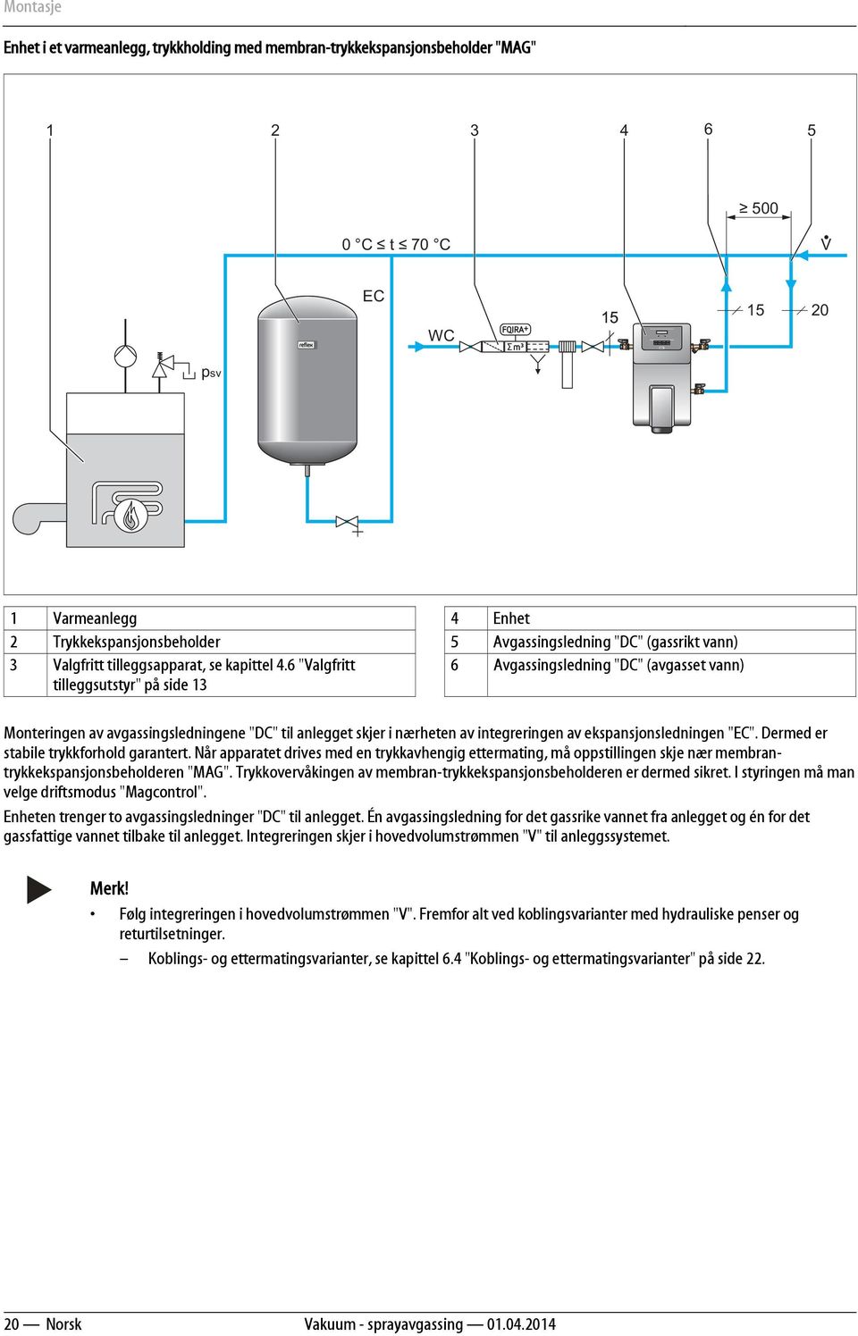 6 "Valgfritt tilleggsutstyr" på side 13 6 Avgassingsledning "DC" (avgasset vann) Monteringen av avgassingsledningene "DC" til anlegget skjer i nærheten av integreringen av ekspansjonsledningen "EC".