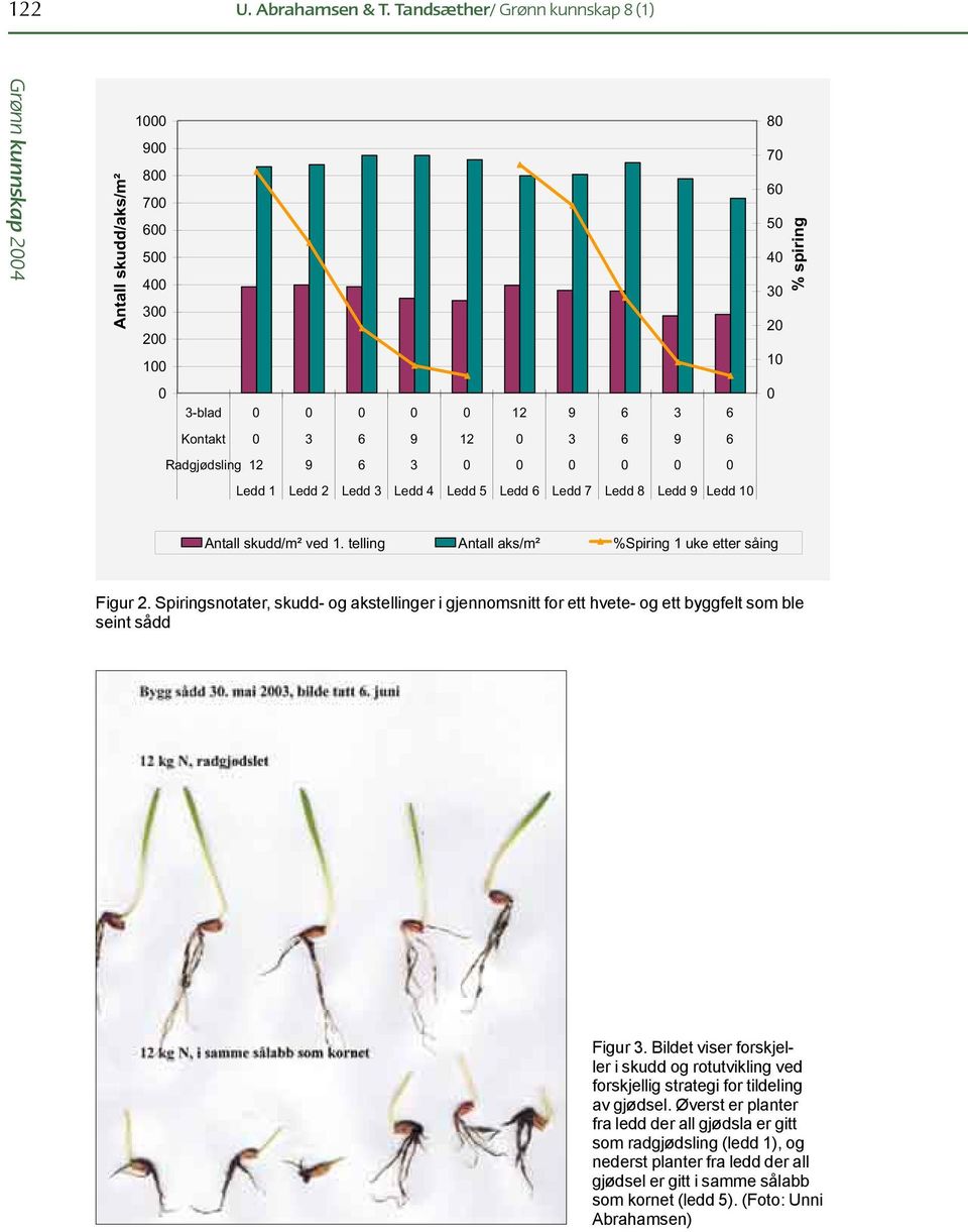 1 Ledd 2 Ledd 3 Ledd 4 Ledd 5 Ledd 6 Ledd 7 Ledd 8 Ledd 9 Ledd 10 80 70 60 50 40 30 20 10 0 % spiring Antall skudd/m² ved 1. telling Antall aks/m² %Spiring 1 uke etter såing Figur 2.