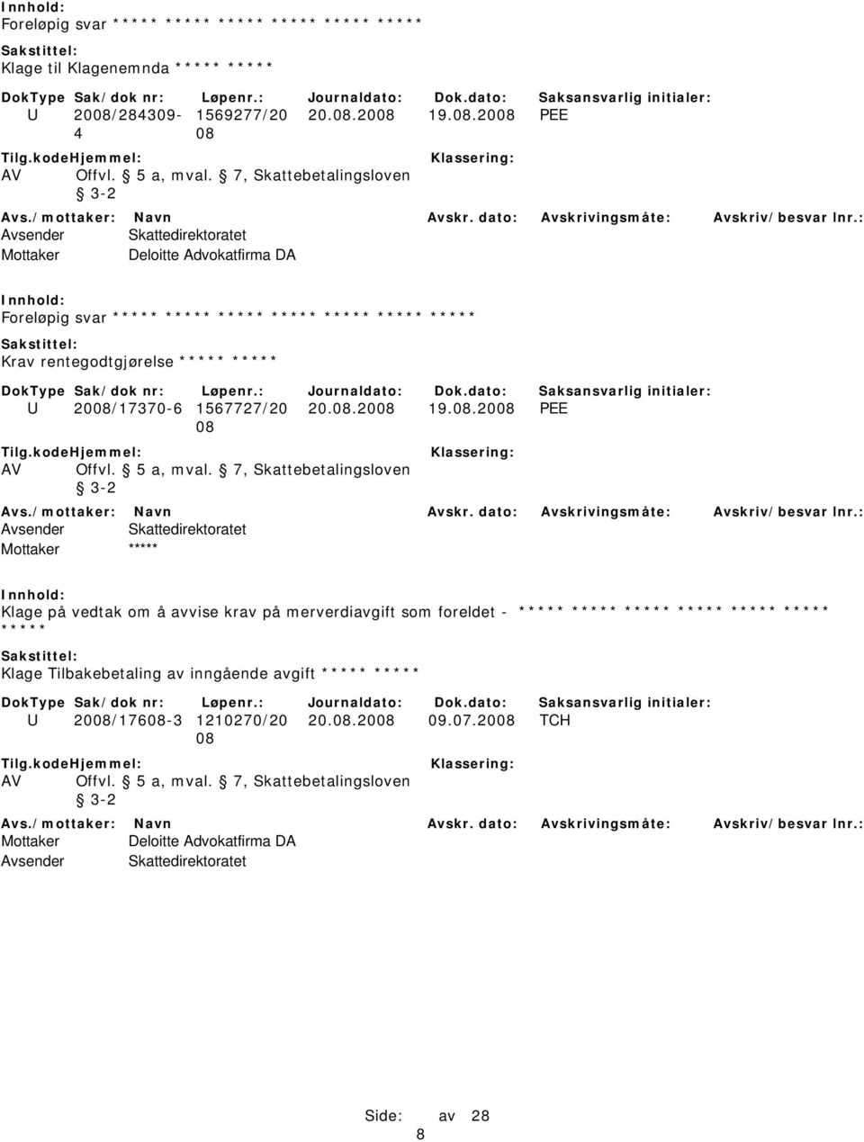 2008 19.08.2008 PEE 4 08 Deloitte Advokatfirma DA Foreløpig svar ***** ***** ***** ***** ***** ***** ***** Krav rentegodtgjørelse *****