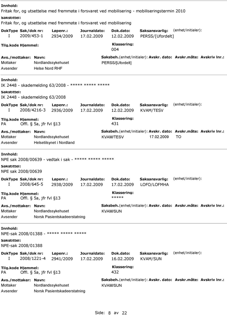 5a, jfr fvl 13 431 KVAM/TESV TO Helsetilsynet i Nordland NE sak 2008/00639 - vedtak i sak - NE sak 2008/00639 2008/645-5 2938/2009 LOFO/LOFMHA A Offl.