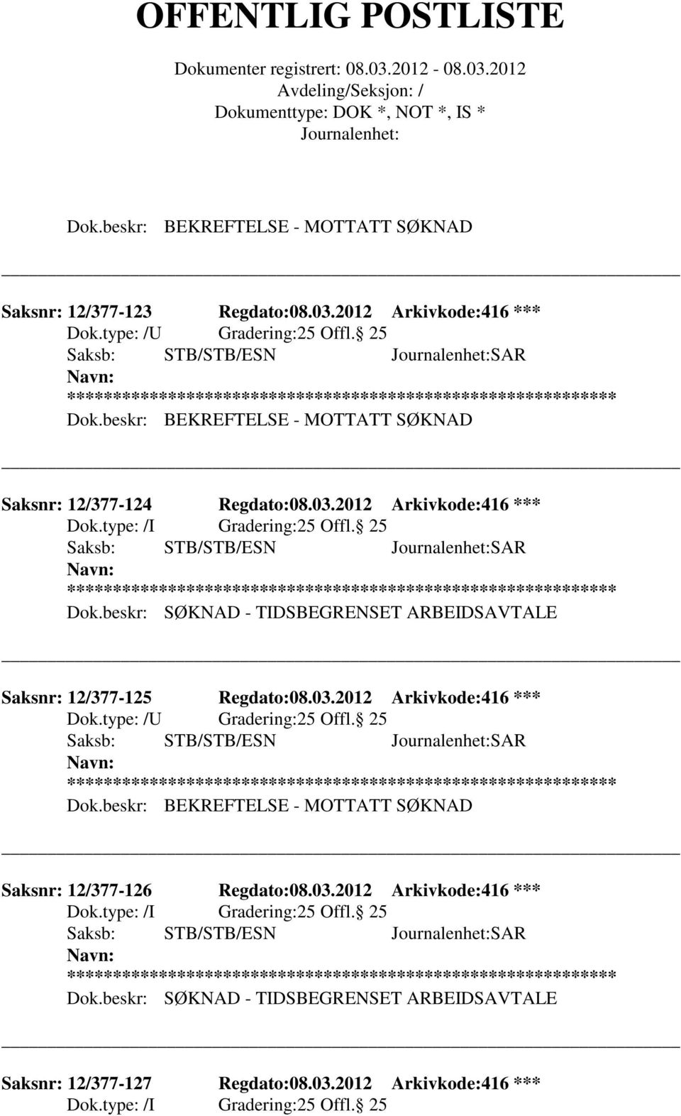 2012 Arkivkode:416 *** Saksnr: 12/377-125 Regdato:08.03.