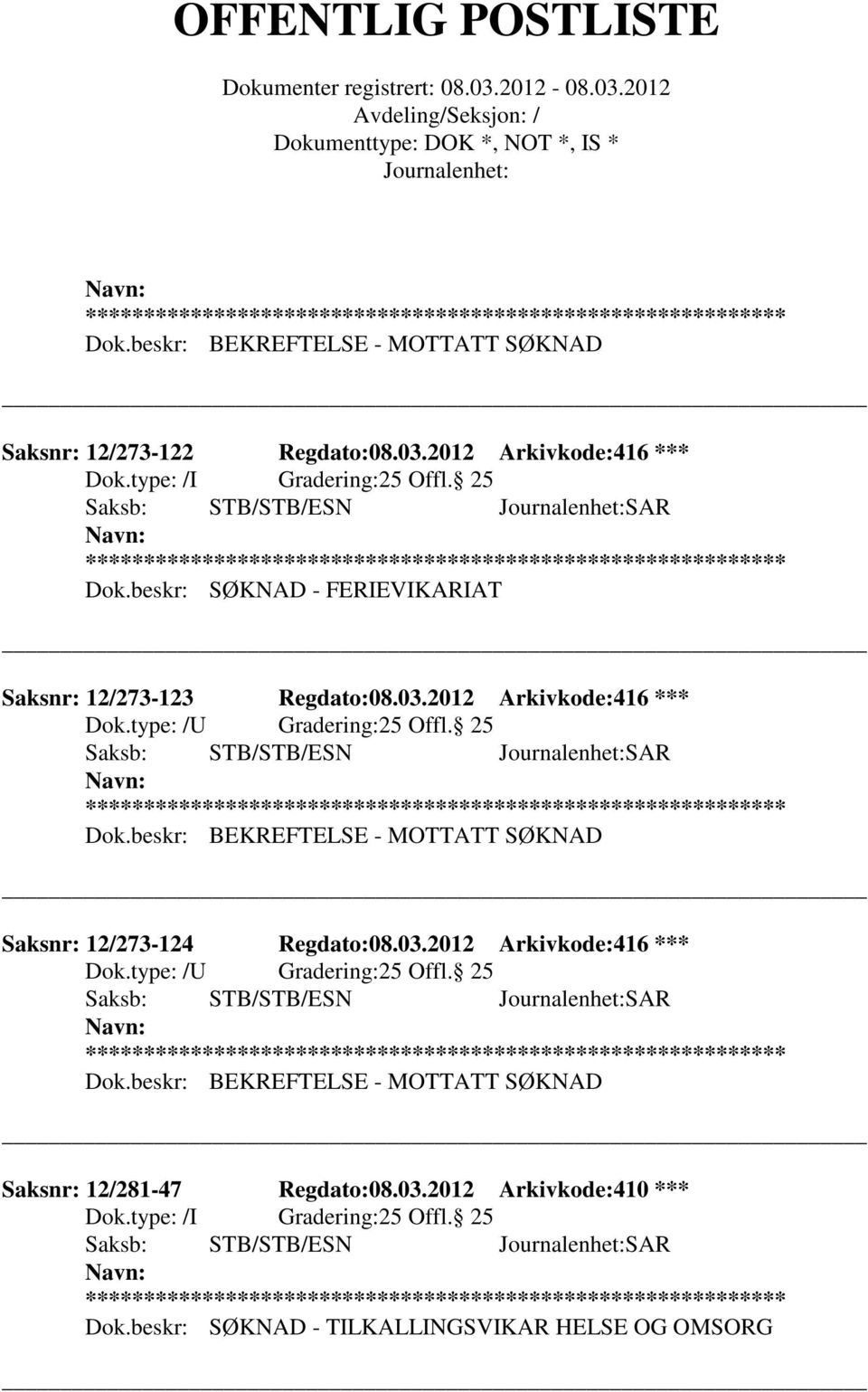 2012 Arkivkode:416 *** Saksnr: 12/273-124 Regdato:08.03.