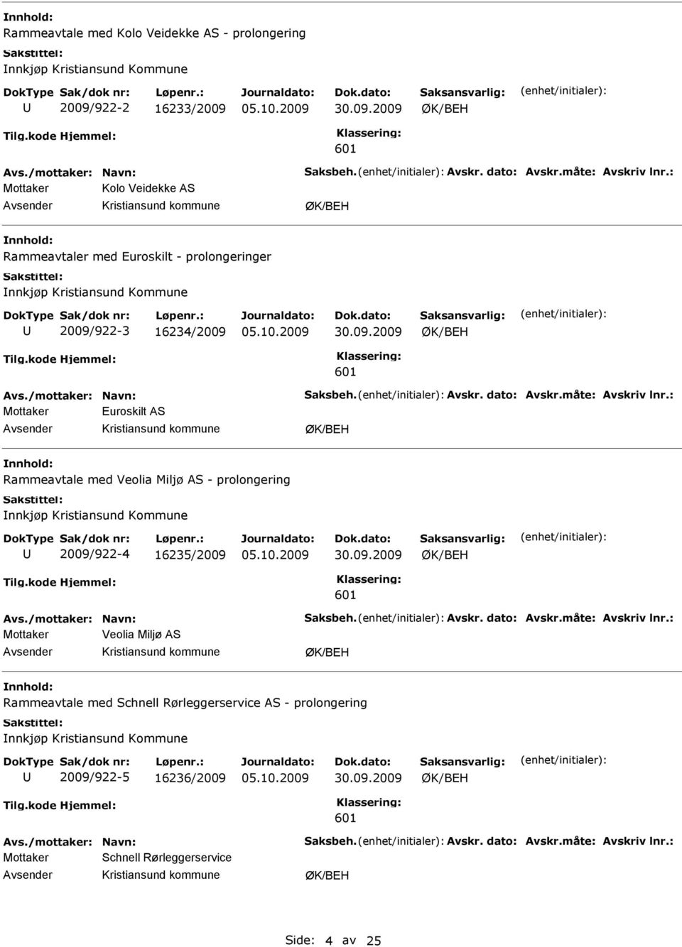 : uroskilt AS ØK/BH Rammeavtale med Veolia Miljø AS - prolongering nnkjøp Kristiansund Kommune 2009/922-4 16235/2009 ØK/BH 601 Avs./mottaker: Navn: Saksbeh. Avskr. dato: Avskr.måte: Avskriv lnr.