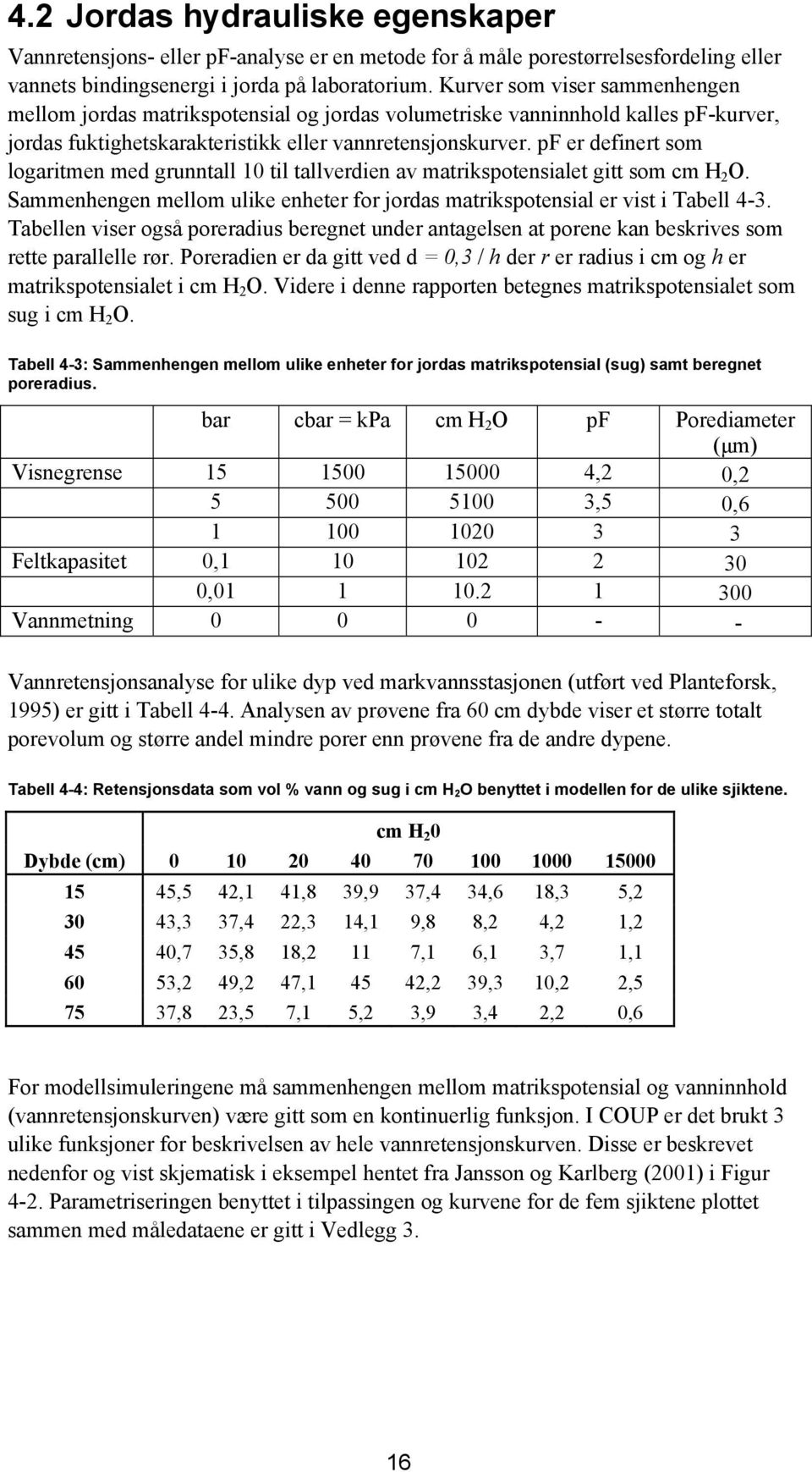 pf er definert som logaritmen med grunntall 10 til tallverdien av matrikspotensialet gitt som cm H 2 O. Sammenhengen mellom ulike enheter for jordas matrikspotensial er vist i Tabell 4-3.