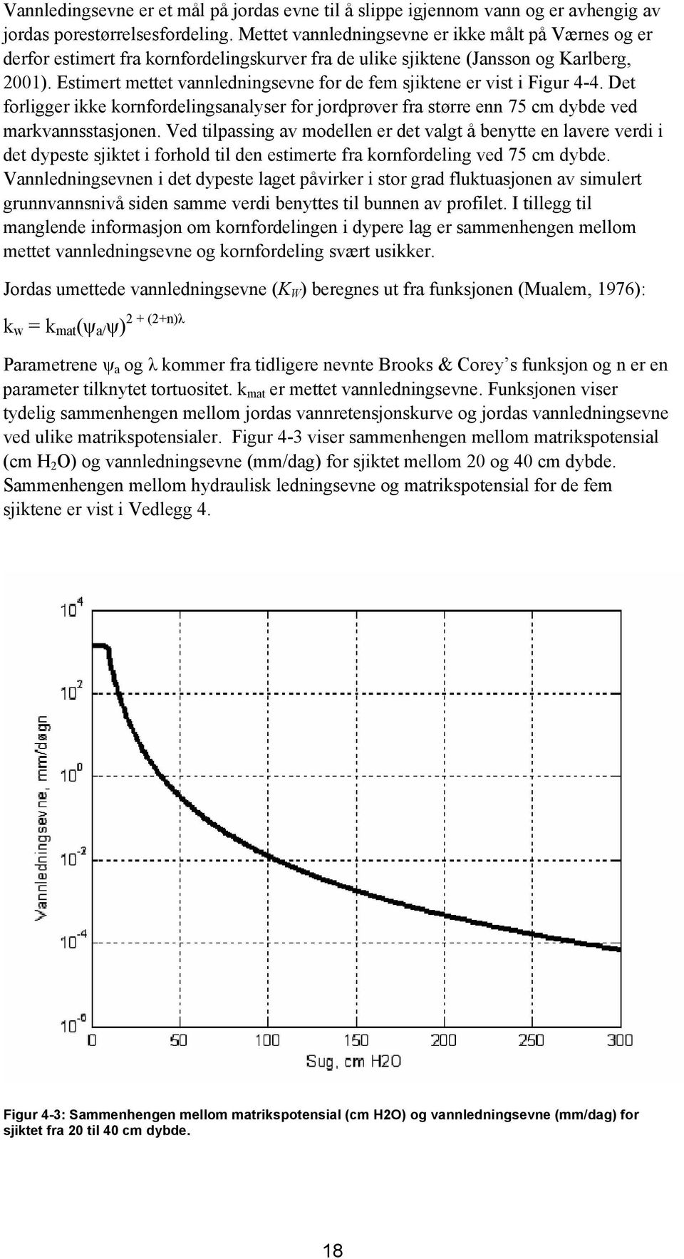 Estimert mettet vannledningsevne for de fem sjiktene er vist i Figur 4-4. Det forligger ikke kornfordelingsanalyser for jordprøver fra større enn 75 cm dybde ved markvannsstasjonen.