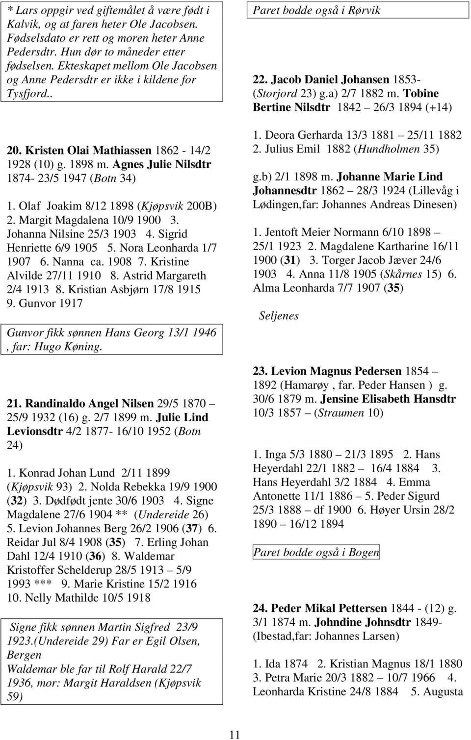 Olaf Joakim 8/12 1898 (Kjøpsvik 200B) 2. Margit Magdalena 10/9 1900 3. Johanna Nilsine 25/3 1903 4. Sigrid Henriette 6/9 1905 5. Nora Leonharda 1/7 1907 6. Nanna ca. 1908 7.