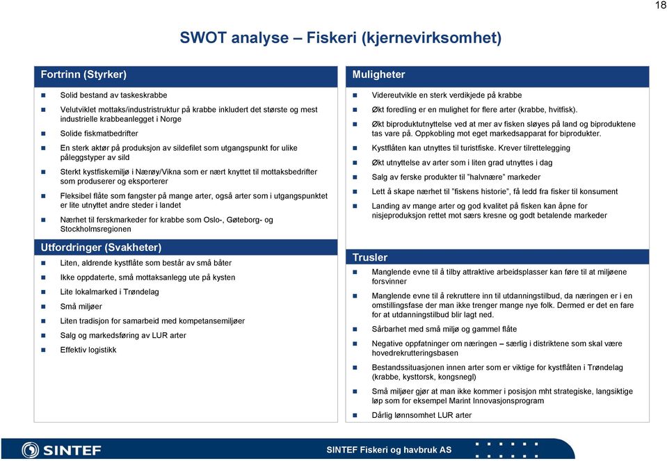 som produserer og eksporterer Fleksibel flåte som fangster på mange arter, også arter som i utgangspunktet er lite utnyttet andre steder i landet Nærhet til ferskmarkeder for krabbe som Oslo-,