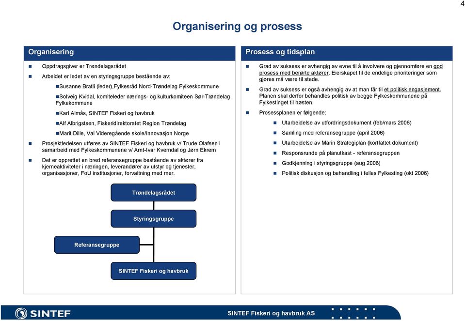skole/innovasjon Norge Prosjektledelsen utføres av SINTEF Fiskeri og havbruk v/ Trude Olafsen i samarbeid med Fylkeskommunene v/ Arnt-Ivar Kverndal og Jørn Ekrem Det er opprettet en bred