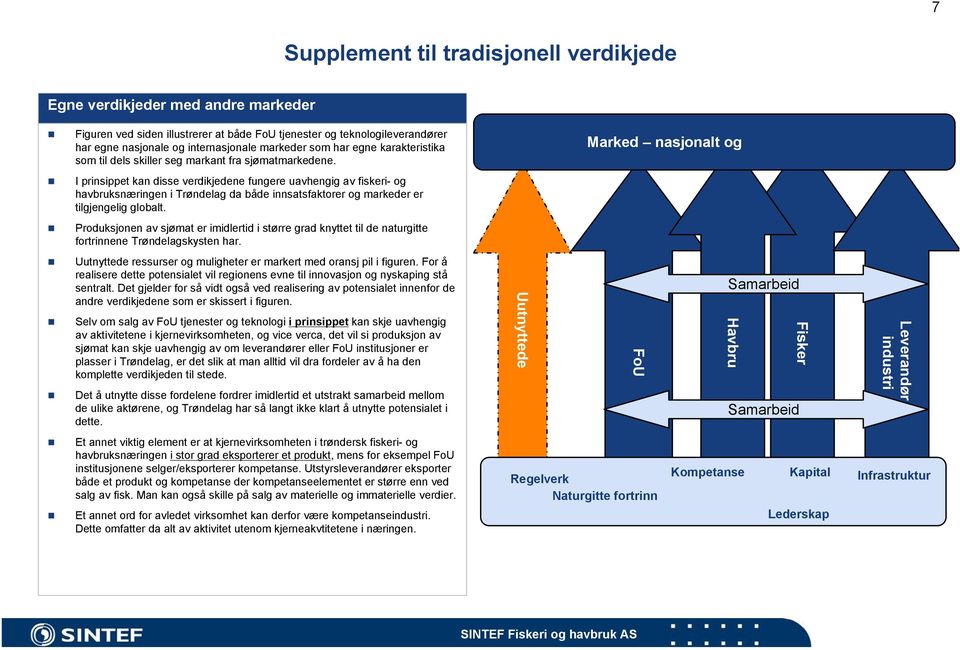 Marked nasjonalt og I prinsippet kan disse verdikjedene fungere uavhengig av fiskeri- og havbruksnæringen i Trøndelag da både innsatsfaktorer og markeder er tilgjengelig globalt.