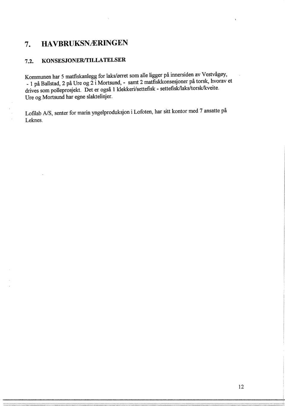 Ballstad, 2 på Ure og 2 i Mortsund, - samt 2 matfiskkonsesjoner på torsk, hvorav et drives som polleprosjekt.