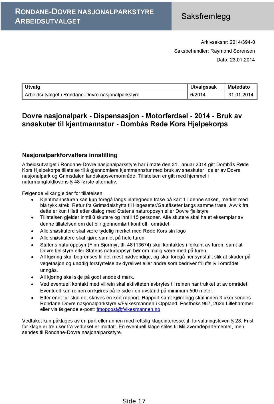 nasjonalparkstyre har i møte den 31.