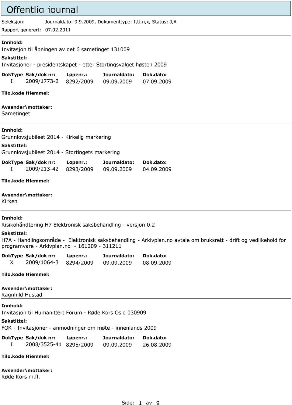 Grunnlovsjubileet 2014 - Stortingets markering 2009/213-42 8293/2009 04.09.2009 Kirken Risikohåndtering H7 Elektronisk saksbehandling - versjon 0.