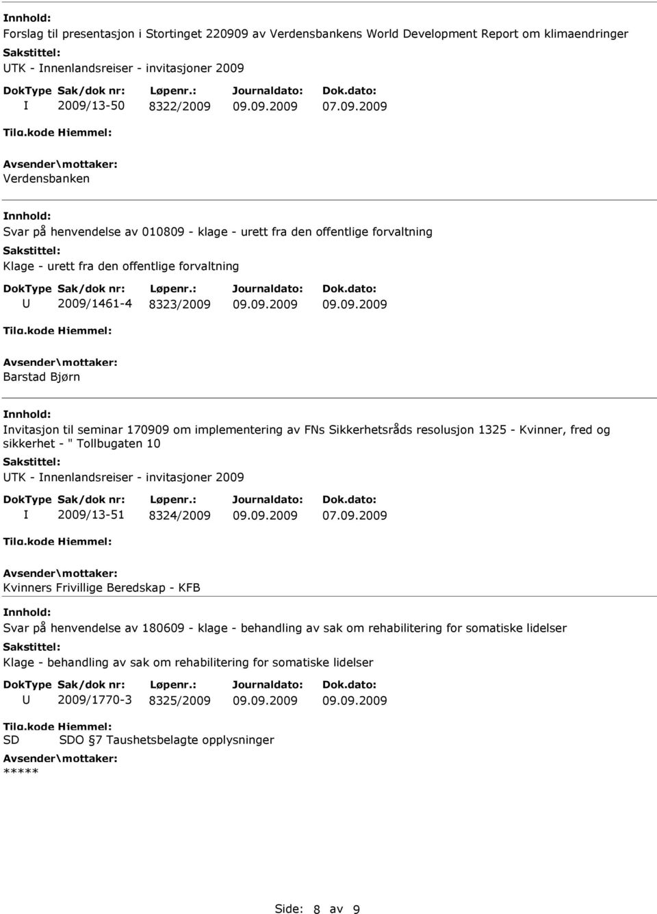 FNs Sikkerhetsråds resolusjon 1325 - Kvinner, fred og sikkerhet - " Tollbugaten 10 TK - nnenlandsreiser - invitasjoner 2009 2009/13-51 8324/2009 Kvinners Frivillige Beredskap - KFB Svar på