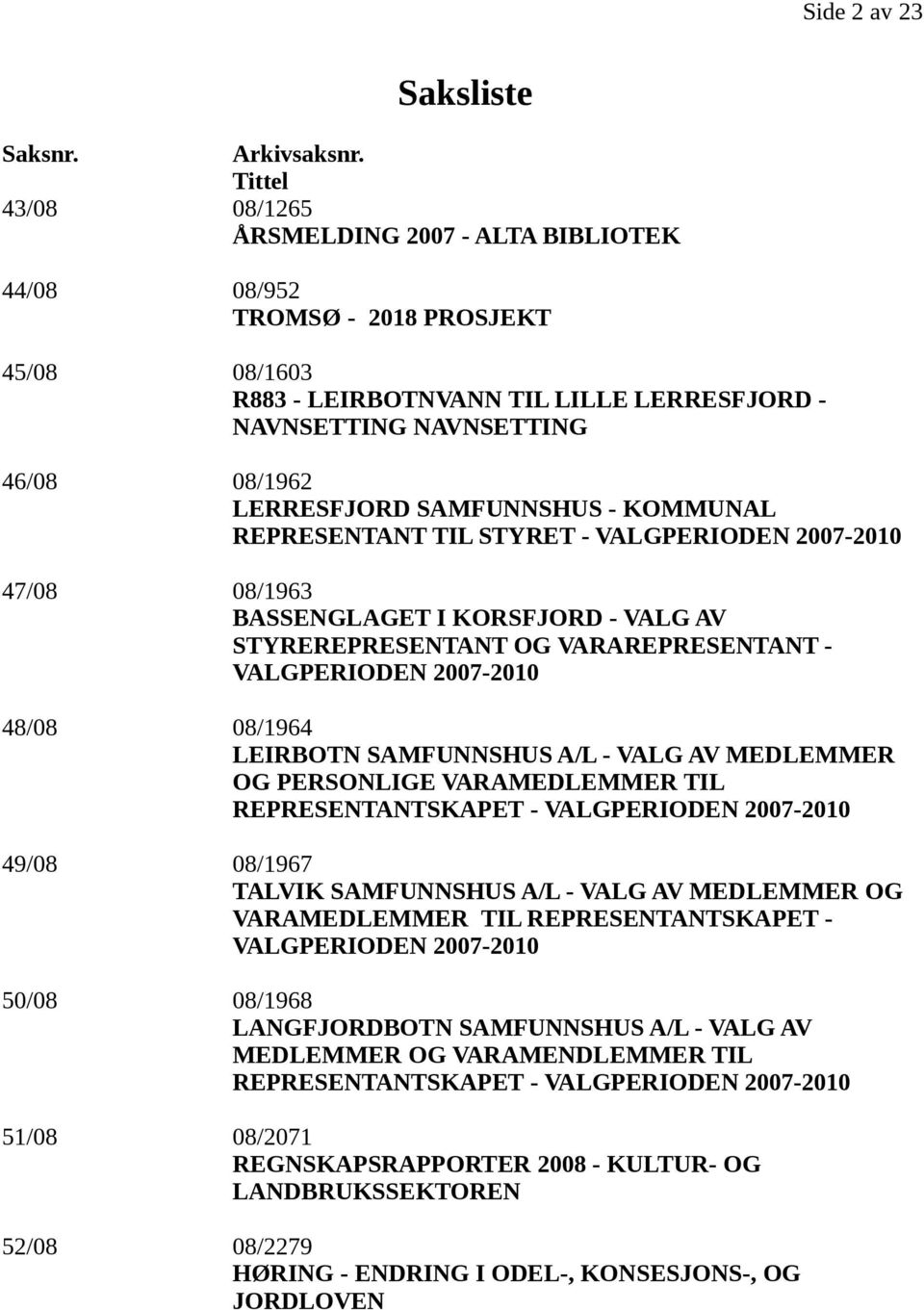 SAMFUNNSHUS - KOMMUNAL REPRESENTANT TIL STYRET - VALGPERIODEN 2007-2010 47/08 08/1963 BASSENGLAGET I KORSFJORD - VALG AV STYREREPRESENTANT OG VARAREPRESENTANT - VALGPERIODEN 2007-2010 48/08 08/1964