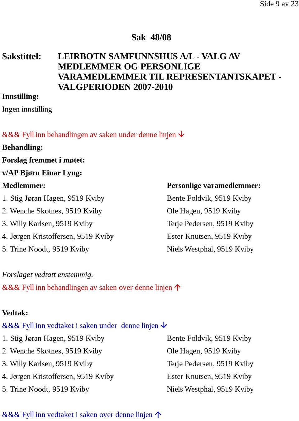 Willy Karlsen, 9519 Kviby Terje Pedersen, 9519 Kviby 4. Jørgen Kristoffersen, 9519 Kviby Ester Knutsen, 9519 Kviby 5. Trine Noodt, 9519 Kviby Niels Westphal, 9519 Kviby Forslaget vedtatt enstemmig. 1.