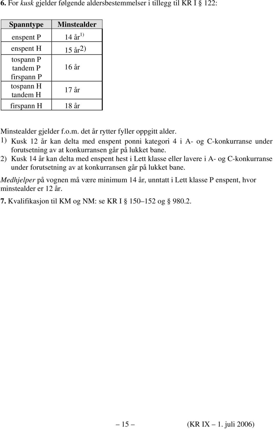 1) Kusk 12 år kan delta med enspent ponni kategori 4 i A- og C-konkurranse under forutsetning av at konkurransen går på lukket bane.