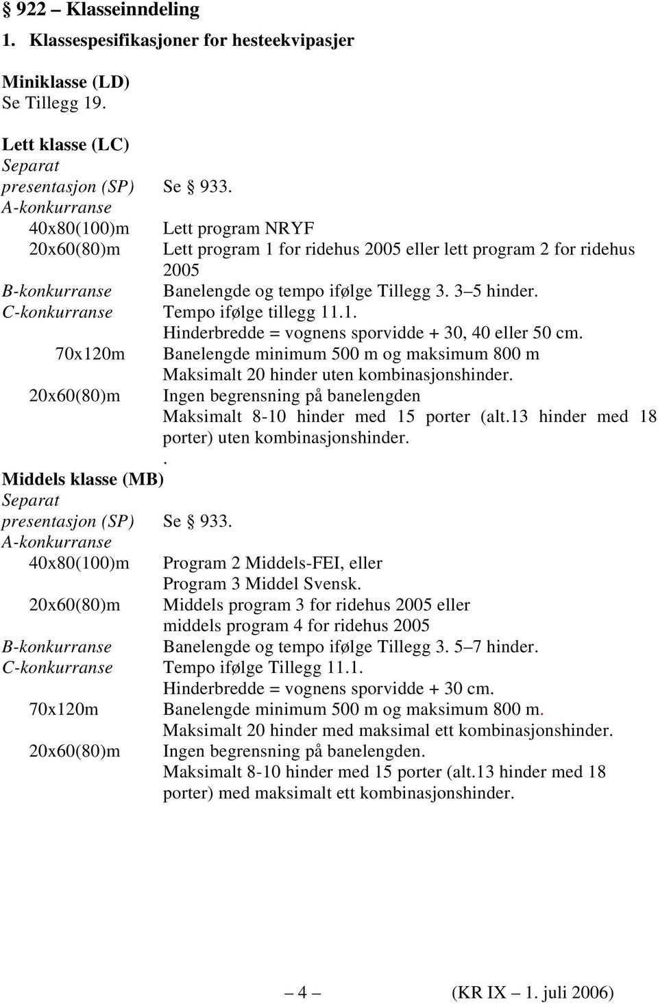 C-konkurranse Tempo ifølge tillegg 11.1. Hinderbredde = vognens sporvidde + 30, 40 eller 50 cm.