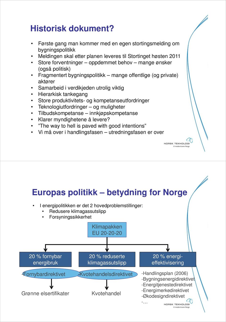 Fragmentert bygningspolitikk mange offentlige (og private) aktører Samarbeid i verdikjeden utrolig viktig Hierarkisk tankegang Store produktivitets- og kompetanseutfordringer Teknologiutfordringer og