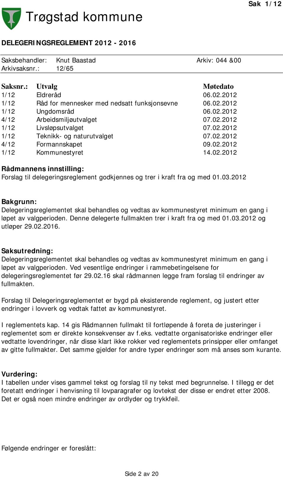 02.2012 1/12 Kommunestyret 14.02.2012 Rådmannens innstilling: Forslag til delegeringsreglement godkjennes og trer i kraft fra og med 01.03.