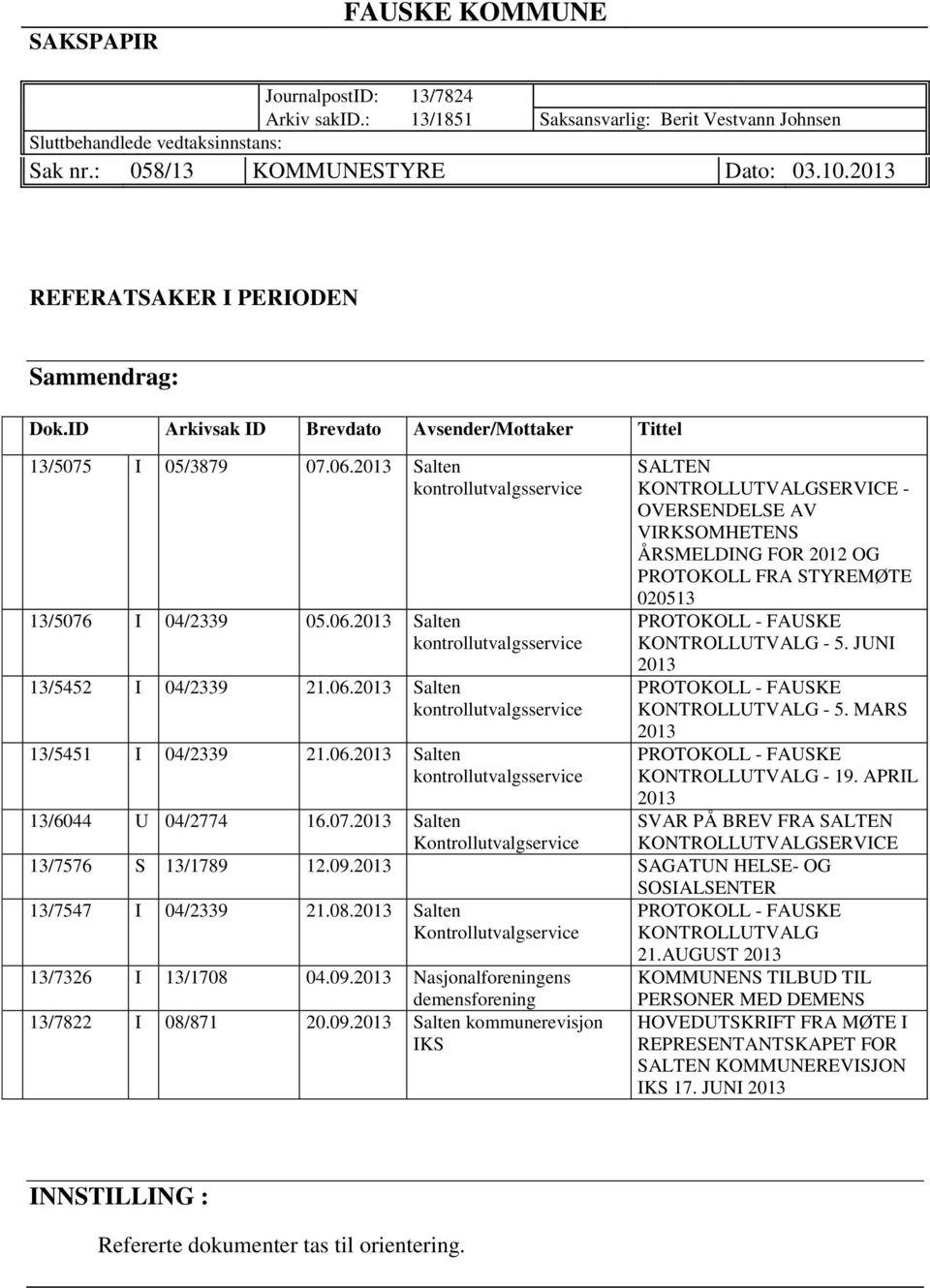 06.2013 Salten kontrollutvalgsservice 13/5451 I 04/2339 21.06.2013 Salten kontrollutvalgsservice SALTEN KONTROLLUTVALGSERVICE - OVERSENDELSE AV VIRKSOMHETENS ÅRSMELDING FOR 2012 OG PROTOKOLL FRA STYREMØTE 020513 PROTOKOLL - FAUSKE KONTROLLUTVALG - 5.
