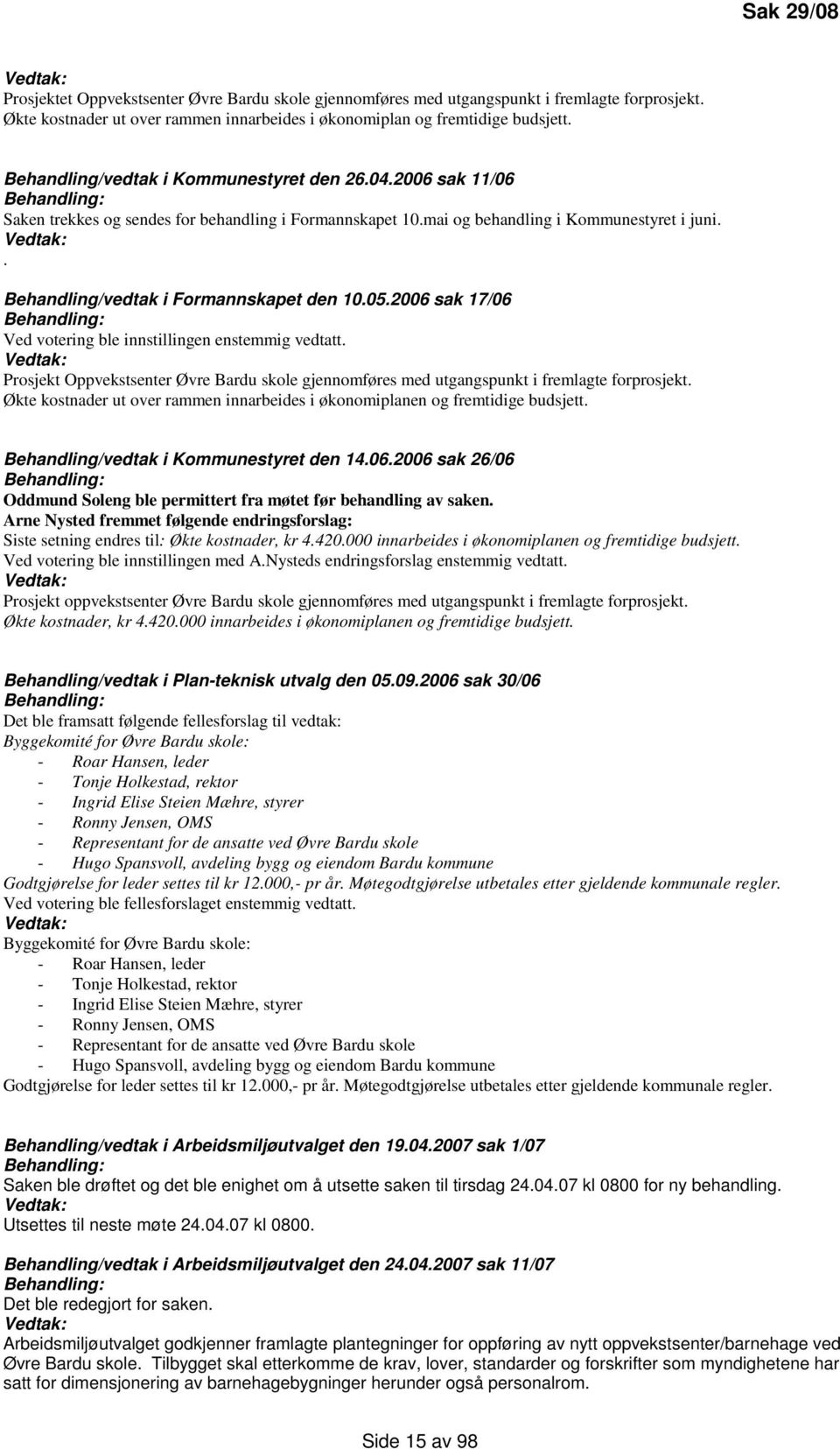 Behandling/vedtak i Formannskapet den 10.05.2006 sak 17/06 Behandling: Ved votering ble innstillingen enstemmig vedtatt.