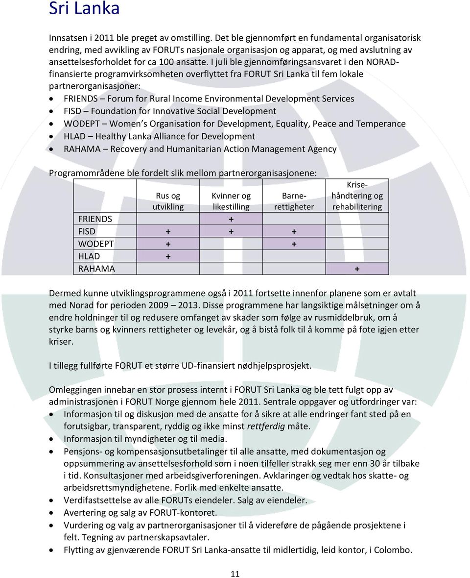 I juli ble gjennomføringsansvaret i den NORADfinansierte programvirksomheten overflyttet fra FORUT Sri Lanka til fem lokale partnerorganisasjoner: FRIENDS Forum for Rural Income Environmental