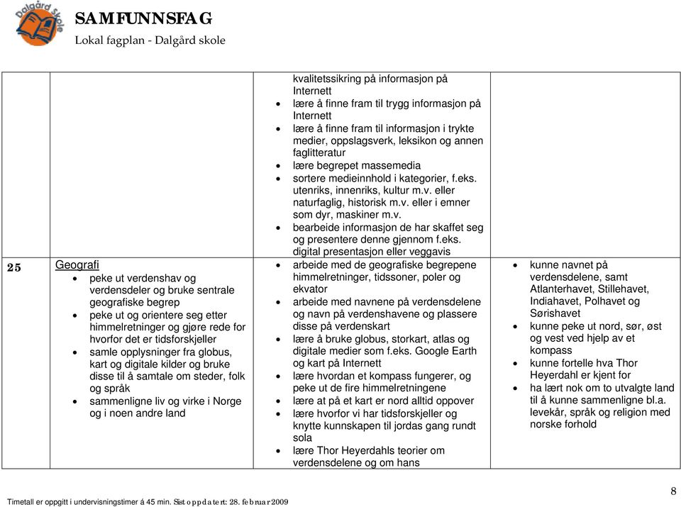 finne fram til trygg informasjon på Internett lære å finne fram til informasjon i trykte medier, oppslagsverk, leksikon og annen faglitteratur lære begrepet massemedia sortere medieinnhold i