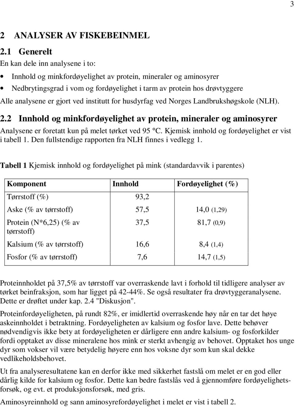 gjort ved institutt for husdyrfag ved Norges Landbrukshøgskole (NLH). 2.2 Innhold og minkfordøyelighet av protein, mineraler og aminosyrer Analysene er foretatt kun på melet tørket ved 95 C.