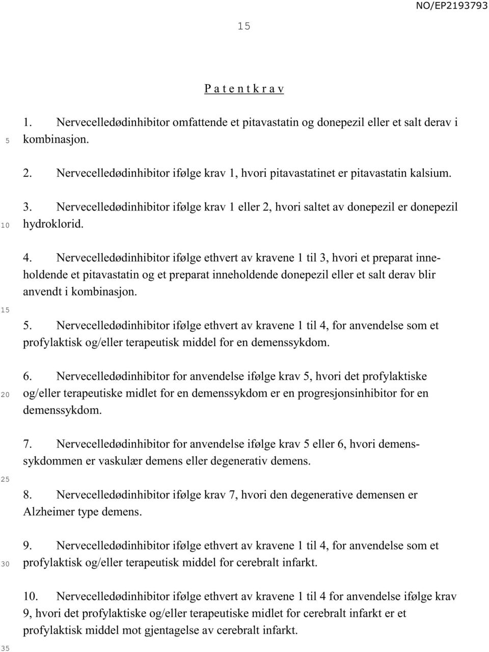 Nervecelledødinhibitor ifølge ethvert av kravene 1 til 3, hvori et preparat inneholdende et pitavastatin og et preparat inneholdende donepezil eller et salt derav blir anvendt i kombinasjon. 1. Nervecelledødinhibitor ifølge ethvert av kravene 1 til 4, for anvendelse som et profylaktisk og/eller terapeutisk middel for en demenssykdom.