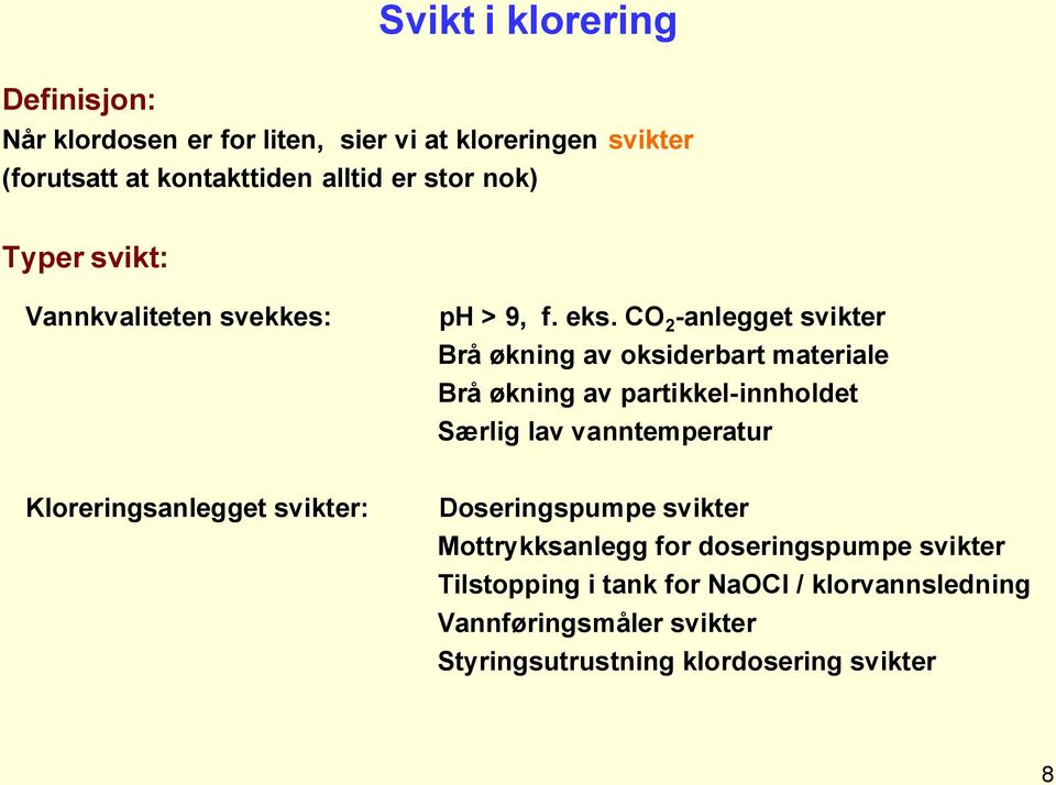 CO 2 -anlegget svikter Brå økning av oksiderbart materiale Brå økning av partikkel-innholdet Særlig lav vanntemperatur