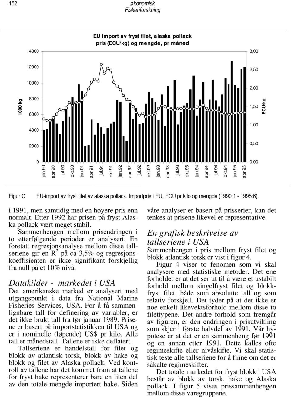 i 1991, men samtidig med en høyere pris enn normalt. Etter 1992 har prisen på fryst Alaska pollack vært meget stabil. Sammenhengen mellom prisendringen i to etterfølgende perioder er analysert.