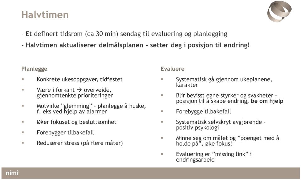 eks ved hjelp av alarmer Øker fokuset og besluttsomhet Forebygger tilbakefall Reduserer stress (på flere måter) Evaluere Systematisk gå gjennom ukeplanene, karakter Blir bevisst