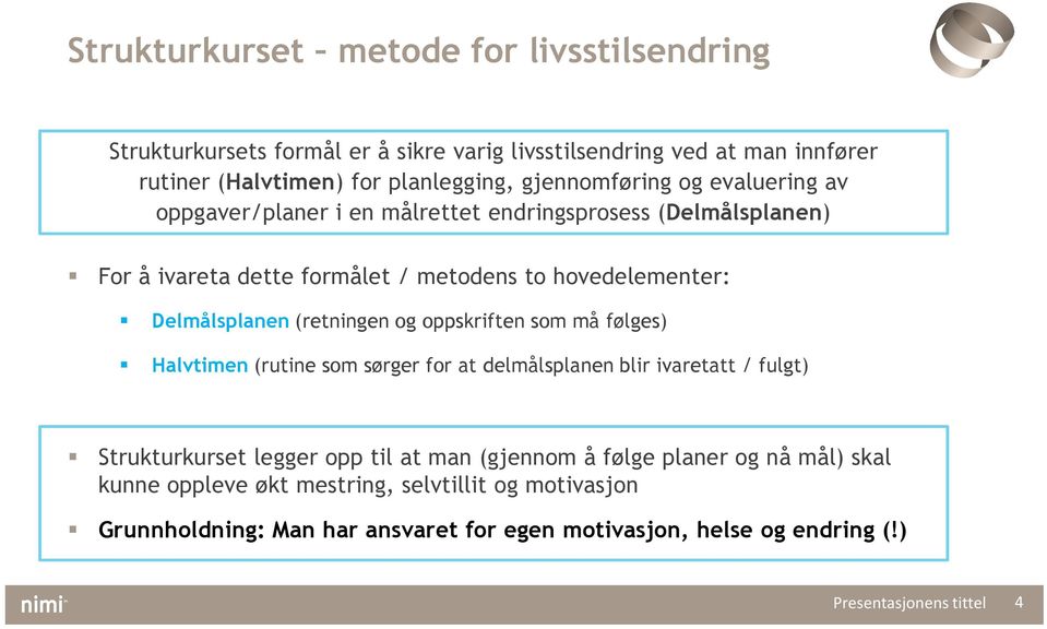 målrettet endringsprosess (Delmålsplanen) For å ivareta dette formålet / metodens to hovedelementer: Delmålsplanen (retningen og oppskriften som må følges) Halvtimen