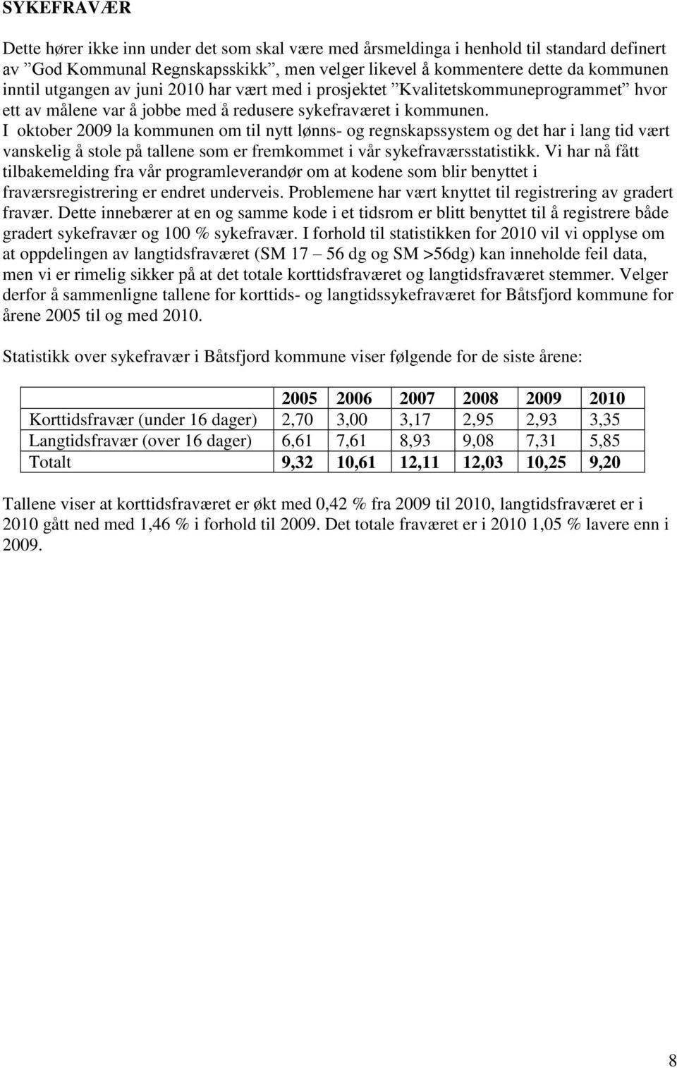 I oktober 2009 la kommunen om til nytt lønns- og regnskapssystem og det har i lang tid vært vanskelig å stole på tallene som er fremkommet i vår sykefraværsstatistikk.