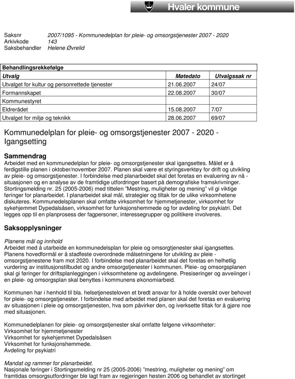 2007 24/07 Formannskapet 22.08.2007 30/07 Kommunestyret Eldrerådet 15.08.2007 7/07 Utvalget for miljø og teknikk 28.06.