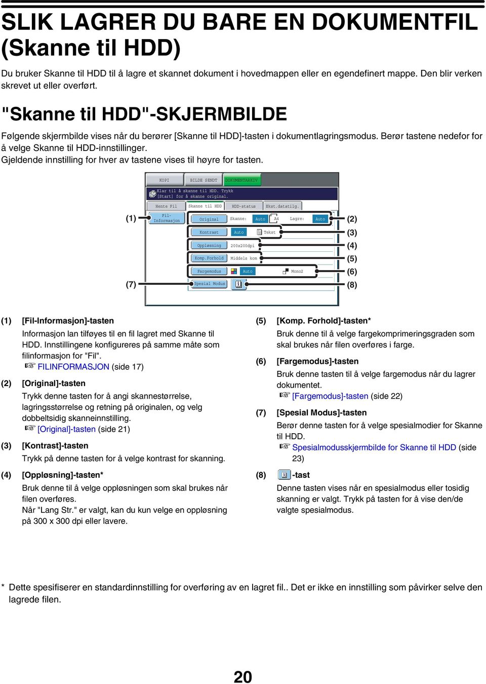 Gjeldende innstilling for hver av tastene vises til høyre for tasten. KOPI BILDE SENDT DOKUMENTARKIV () (7) Klar til å skanne til HDD. Trykk [Start] for å skanne original.