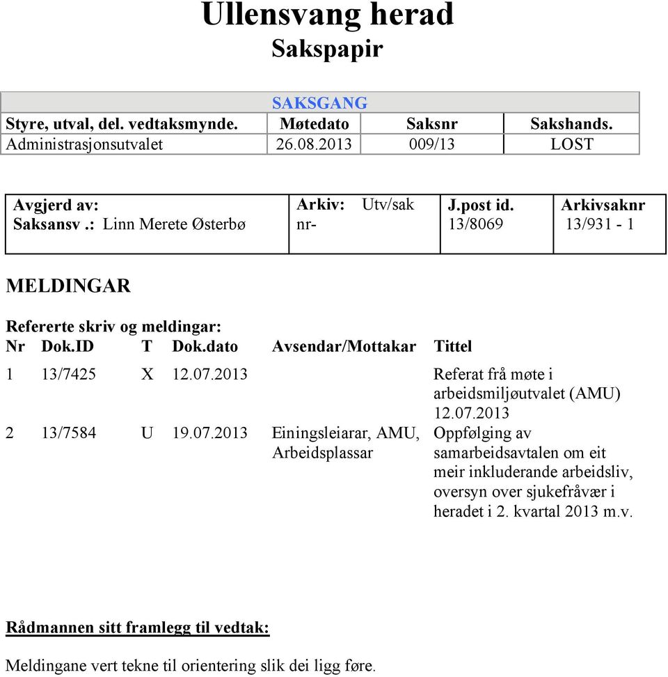 dato Avsendar/Mottakar Tittel 1 13/7425 X 12.07.