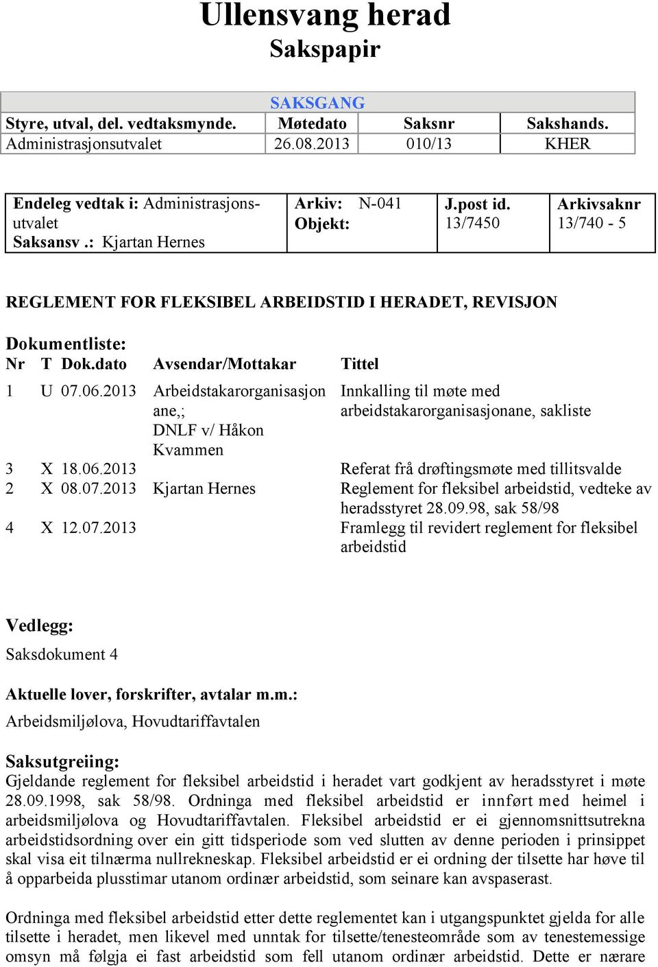 2013 Arbeidstakarorganisasjon ane,; DNLF v/ Håkon Kvammen Innkalling til møte med arbeidstakarorganisasjonane, sakliste 3 X 18.06.2013 Referat frå drøftingsmøte med tillitsvalde 2 X 08.07.