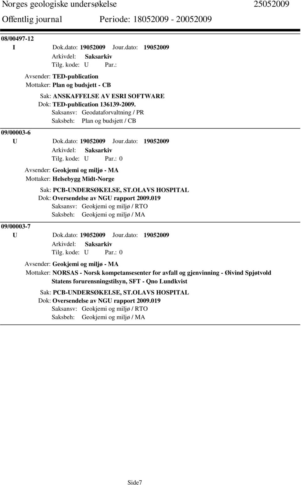 dato: 19052009 Avsender: Geokjemi og miljø - MA Mottaker: Helsebygg Midt-Norge Sak: PCB-UNDERSØKELSE, ST.OLAVS HOSPITAL Dok: Oversendelse av NGU rapport 2009.