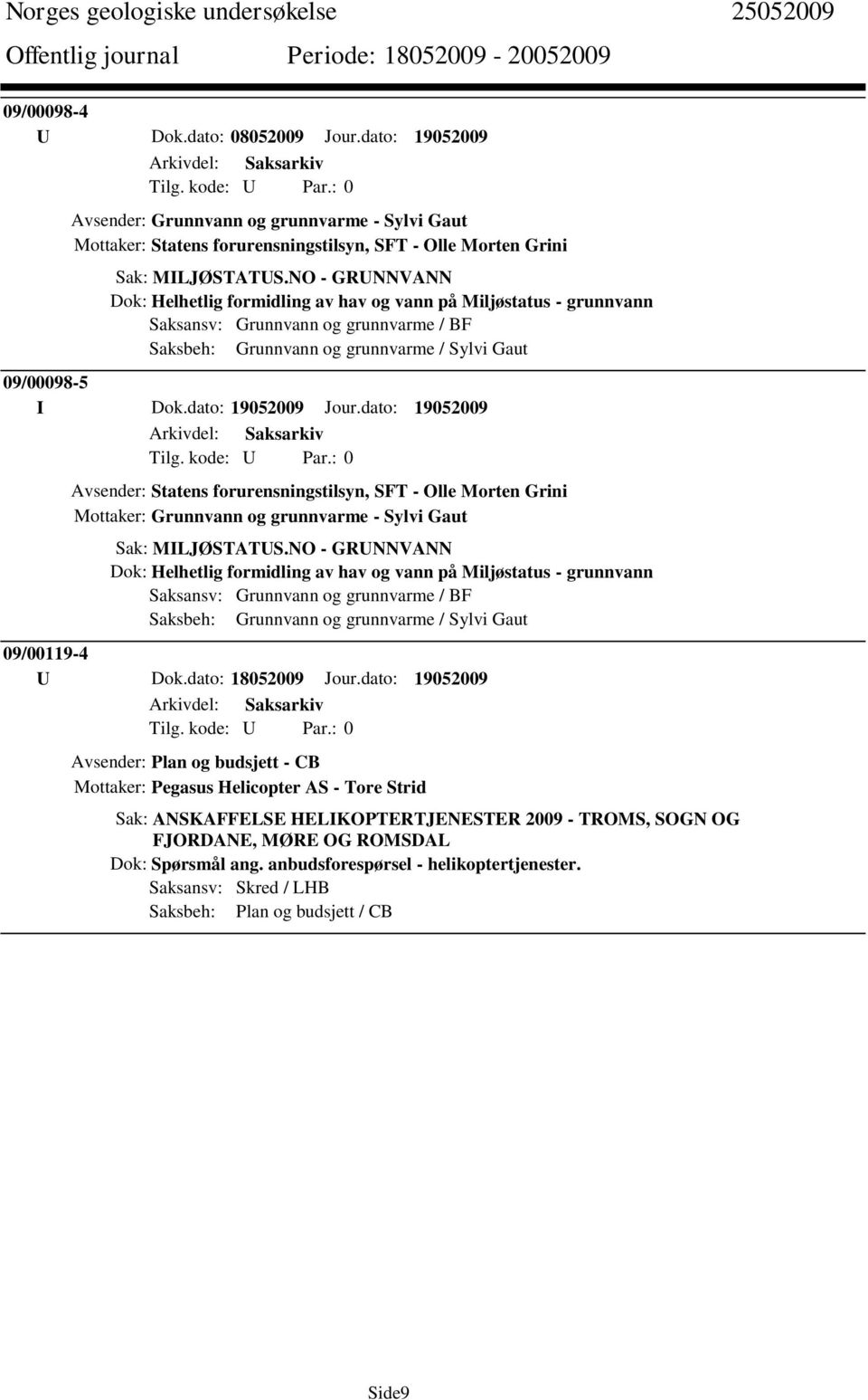 dato: 19052009 Jour.dato: 19052009 Avsender: Statens forurensningstilsyn, SFT - Olle Morten Grini Mottaker: Grunnvann og grunnvarme - Sylvi Gaut Sak: MILJØSTATUS.