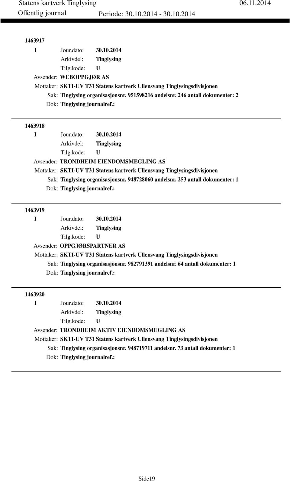 253 antall dokumenter: 1 Dok: journalref.: 1463919 Avsender: OPPGJØRSPARTNER AS Mottaker: SKTI-V T31 Statens kartverk llensvang sdivisjonen Sak: organisasjonsnr. 982791391 andelsnr.