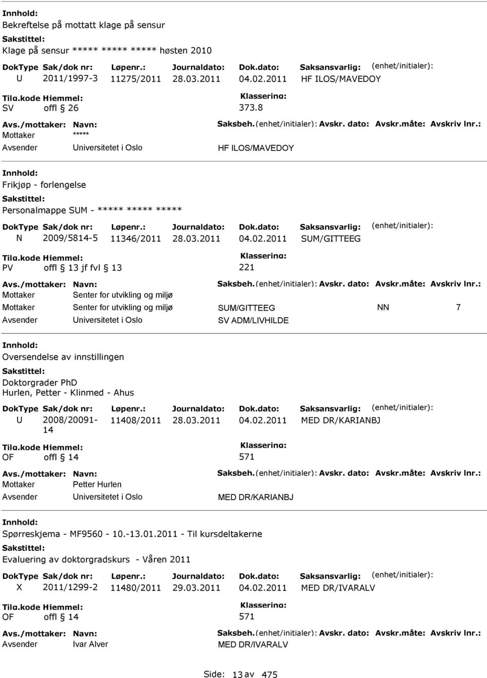 2011 SM/GTTEEG Mottaker Senter for utvikling og miljø Mottaker Senter for utvikling og miljø SM/GTTEEG NN 7 niversitetet i Oslo ADM/LVHLDE Oversendelse av innstillingen Doktorgrader PhD Hurlen,