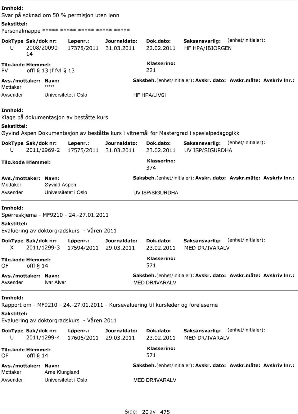 17575/2011 23.02.2011 V SP/SGRDHA 374 Mottaker Øyvind Aspen niversitetet i Oslo V SP/SGRDHA Spørreskjema - MF9210-24.-27.01.2011 Evaluering av doktorgradskurs - Våren 2011 OF 2011/1299-3 17594/2011 offl 14 23.