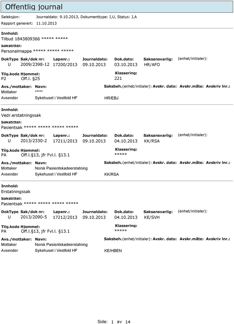 erstatningssak Pasientsak 2013/2330-2 17211/2013 Avs./mottaker: Navn: Saksbeh. Avskr. dato: Avskr.måte: Avskriv lnr.