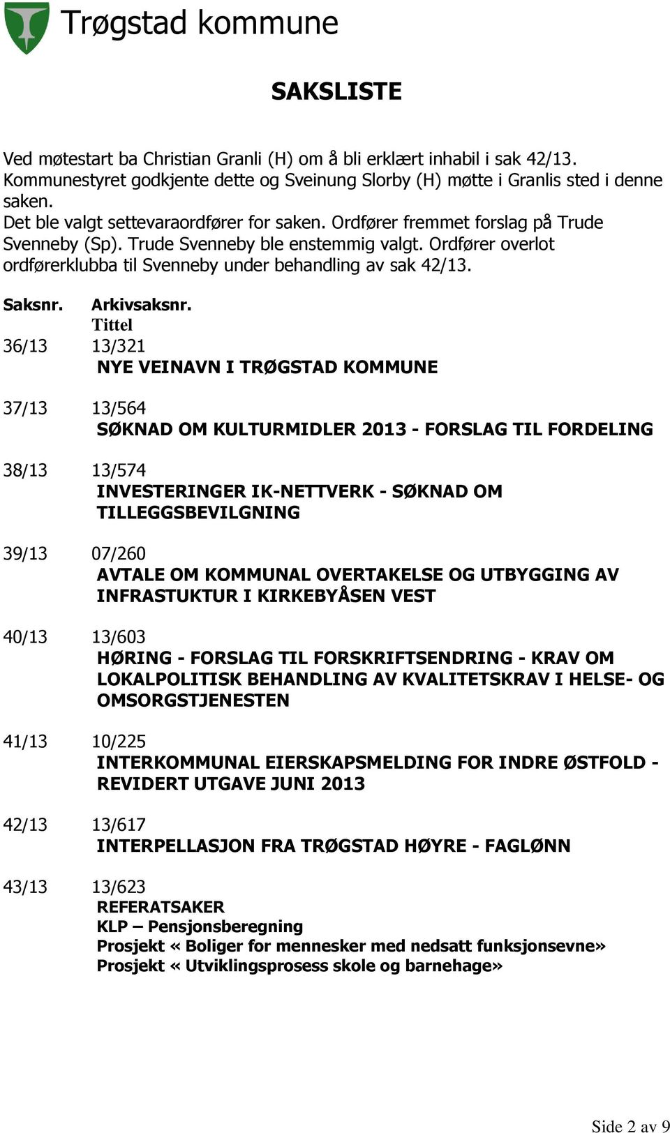 Ordfører overlot ordførerklubba til Svenneby under behandling av sak 42/13. Saksnr. Arkivsaksnr.